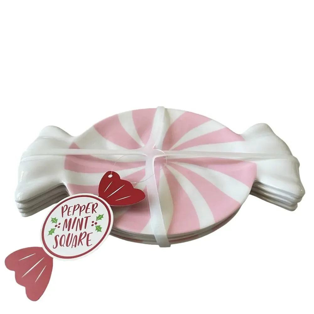 Peppermint Candy Shaped Melamine Christmas Appetizer Plate Set 4 PINK & White